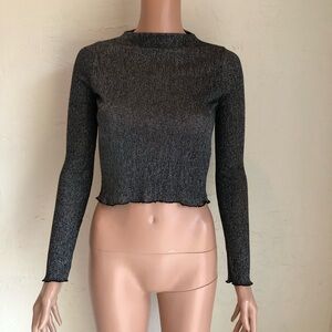 Zara Trafaluc Metallic Charcoal Ribbed Long-Sleeve Crop Top Women’s Size S